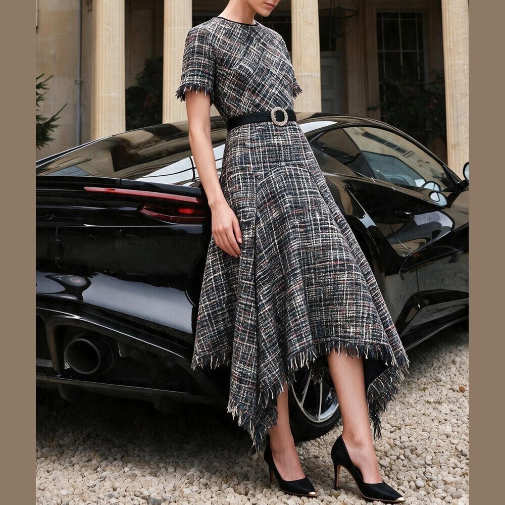 Black and White Tweed Handkerchief Asymmetric Hem Midi Dress